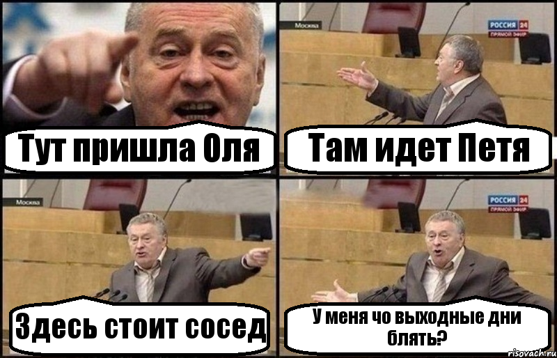 Тут пришла Оля Там идет Петя Здесь стоит сосед У меня чо выходные дни блять?, Комикс Жириновский