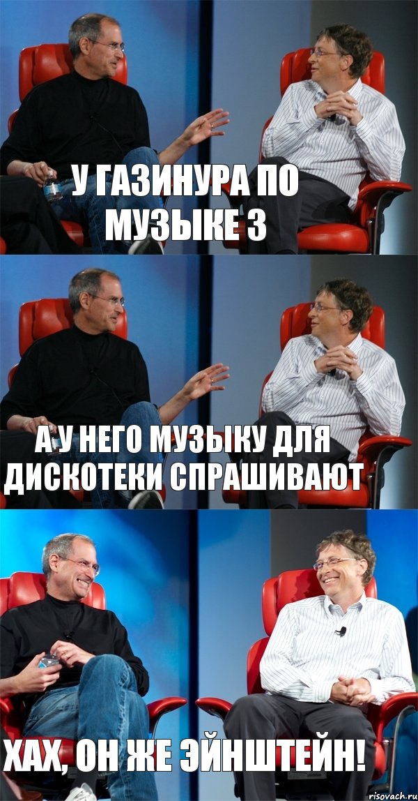 У Газинура по музыке 3 А у него музыку для дискотеки спрашивают Хах, он же Эйнштейн!