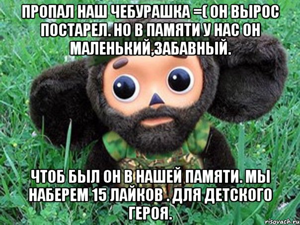 пропал наш чебурашка =( он вырос постарел. но в памяти у нас он маленький,забавный. чтоб был он в нашей памяти. мы наберем 15 лайков . для детского героя., Мем Чебурашка