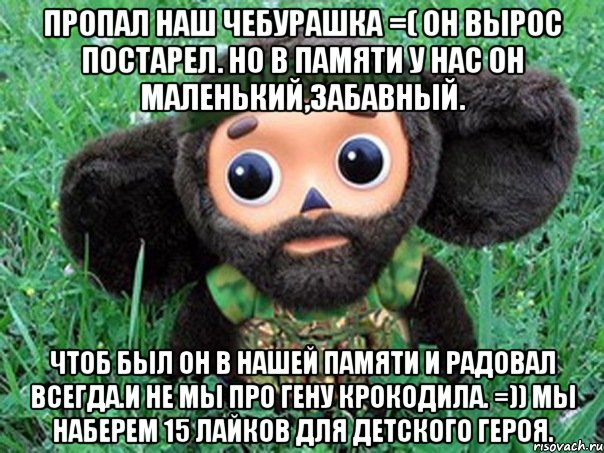 пропал наш чебурашка =( он вырос постарел. но в памяти у нас он маленький,забавный. чтоб был он в нашей памяти и радовал всегда.и не мы про гену крокодила. =)) мы наберем 15 лайков для детского героя.