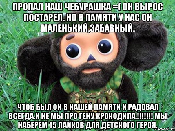 пропал наш чебурашка =( он вырос постарел. но в памяти у нас он маленький,забавный. чтоб был он в нашей памяти и радовал всегда.и не мы про гену крокодила.!!! мы наберем 15 лайков для детского героя., Мем Чебурашка