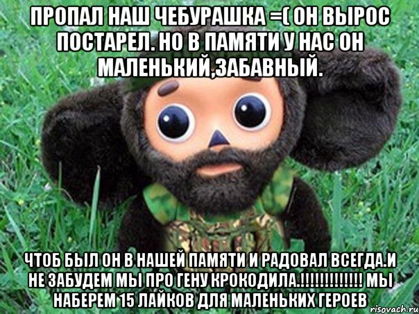 пропал наш чебурашка =( он вырос постарел. но в памяти у нас он маленький,забавный. чтоб был он в нашей памяти и радовал всегда.и не забудем мы про гену крокодила.!!! мы наберем 15 лайков для маленьких героев