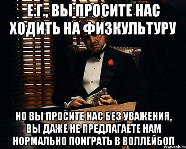 е.г., вы просите нас ходить на физкультуру но вы просите нас без уважения, вы даже не предлагаете нам нормально поиграть в воллейбол, Мем Дон Вито Корлеоне