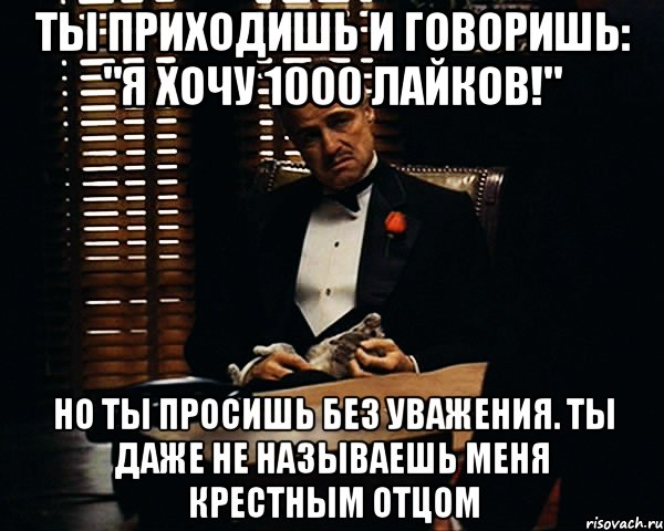 ты приходишь и говоришь: "я хочу 1000 лайков!" но ты просишь без уважения. ты даже не называешь меня крестным отцом, Мем Дон Вито Корлеоне