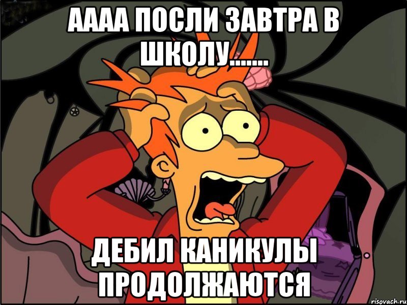 аааа посли завтра в школу....... дебил каникулы продолжаются, Мем Фрай в панике