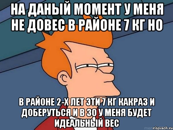 на даный момент у меня не довес в районе 7 кг но в районе 2-х лет эти 7 кг какраз и доберуться и в 30 у меня будет идеальный вес, Мем  Фрай (мне кажется или)