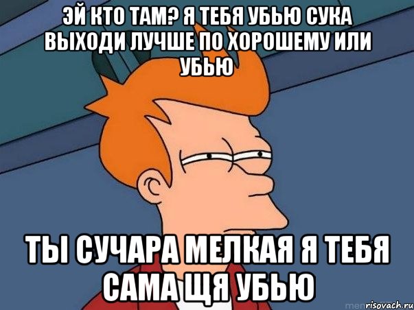 эй кто там? я тебя убью сука выходи лучше по хорошему или убью ты сучара мелкая я тебя сама щя убью, Мем  Фрай (мне кажется или)