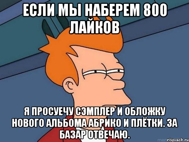 если мы наберем 800 лайков я просуечу сэмплер и обложку нового альбома абрико и плётки. за базар отвечаю., Мем  Фрай (мне кажется или)