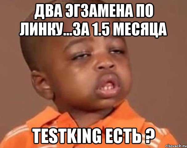 два эгзамена по линку...за 1.5 месяца testking есть ?, Мем  Какой пацан (негритенок)