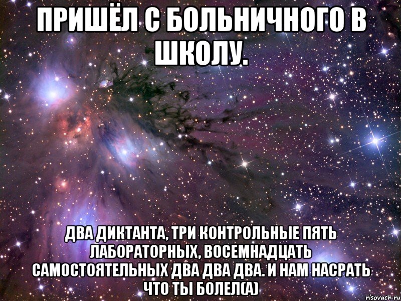 пришёл с больничного в школу. два диктанта, три контрольные пять лабораторных, восемнадцать самостоятельных два два два. и нам насрать что ты болел(а), Мем Космос