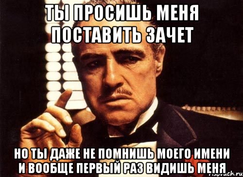 ты просишь меня поставить зачет но ты даже не помнишь моего имени и вообще первый раз видишь меня, Мем крестный отец