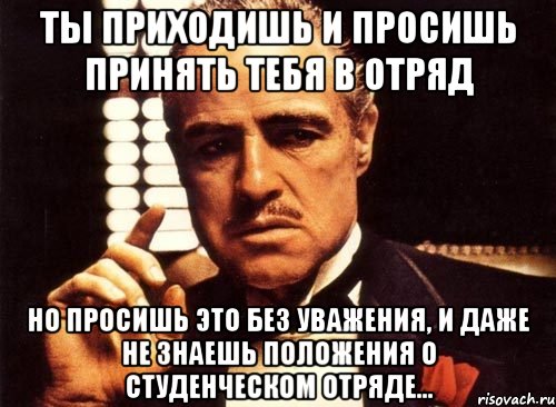 ты приходишь и просишь принять тебя в отряд но просишь это без уважения, и даже не знаешь положения о студенческом отряде..., Мем крестный отец