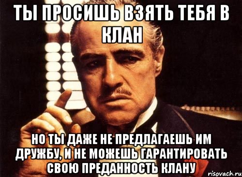 ты просишь взять тебя в клан но ты даже не предлагаешь им дружбу, и не можешь гарантировать свою преданность клану, Мем крестный отец