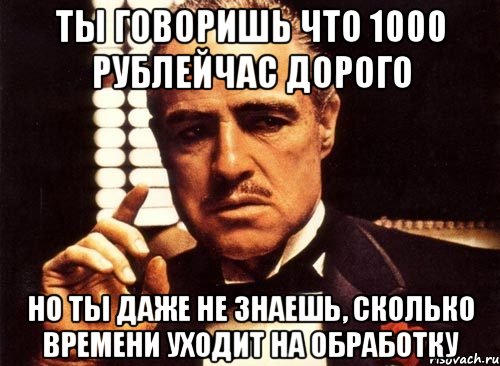 ты говоришь что 1000 рублейчас дорого но ты даже не знаешь, сколько времени уходит на обработку, Мем крестный отец