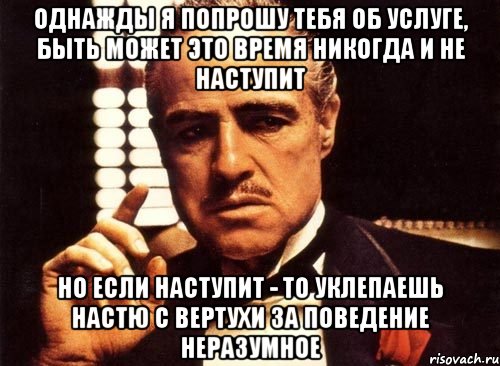 однажды я попрошу тебя об услуге, быть может это время никогда и не наступит но если наступит - то уклепаешь настю с вертухи за поведение неразумное, Мем крестный отец