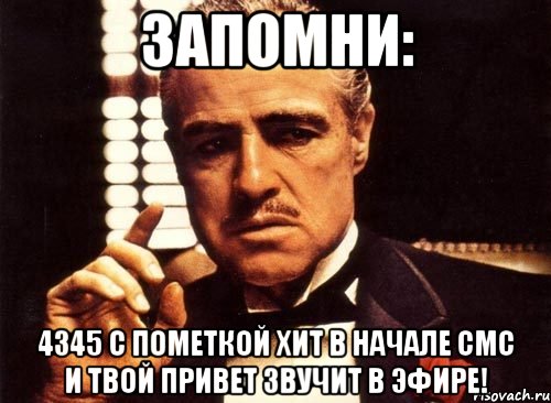 запомни: 4345 с пометкой хит в начале смс и твой привет звучит в эфире!, Мем крестный отец