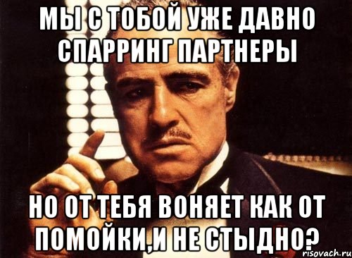 мы с тобой уже давно спарринг партнеры но от тебя воняет как от помойки,и не стыдно?, Мем крестный отец