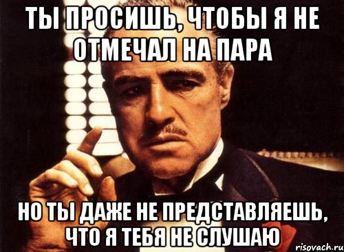 ты просишь, чтобы я не отмечал на пара но ты даже не представляешь, что я тебя не слушаю, Мем крестный отец