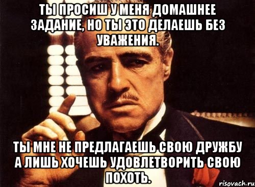 ты просиш у меня домашнее задание, но ты это делаешь без уважения. ты мне не предлагаешь свою дружбу а лишь хочешь удовлетворить свою похоть., Мем крестный отец