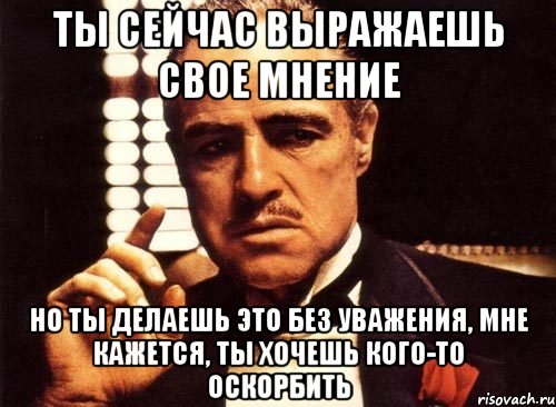 ты сейчас выражаешь свое мнение но ты делаешь это без уважения, мне кажется, ты хочешь кого-то оскорбить, Мем крестный отец