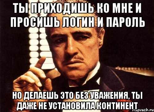 ты приходишь ко мне и просишь логин и пароль но делаешь это без уважения, ты даже не установила континент, Мем крестный отец