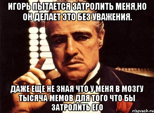 игорь пытается затролить меня,но он делает это без уважения. даже еще не зная что у меня в мозгу тысяча мемов для того что бы затролить его, Мем крестный отец