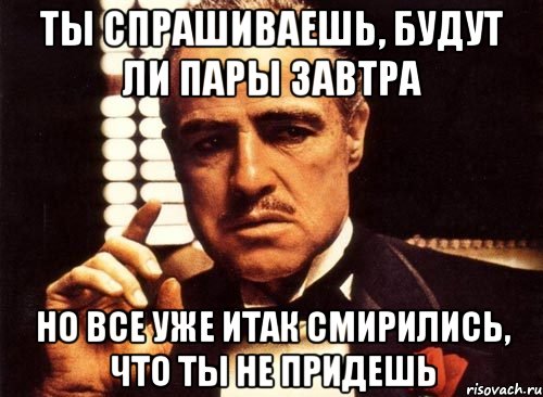 ты спрашиваешь, будут ли пары завтра но все уже итак смирились, что ты не придешь, Мем крестный отец