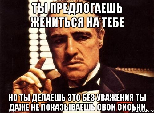 ты предлогаешь жениться на тебе но ты делаешь это без уважения ты даже не показываешь свои сиськи, Мем крестный отец