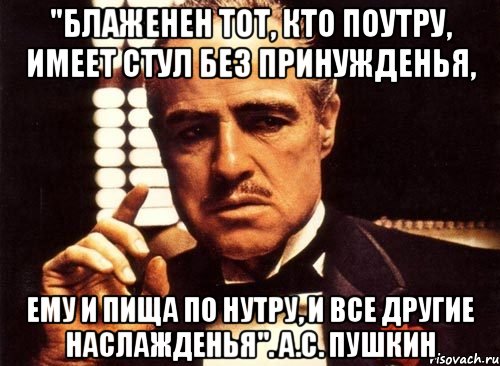 "блаженен тот, кто поутру, имеет стул без принужденья, ему и пища по нутру, и все другие наслажденья". а.с. пушкин, Мем крестный отец