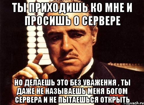 ты приходишь ко мне и просишь о сервере но делаешь это без уважения , ты даже не называешь меня богом сервера и не пытаешься открыть, Мем крестный отец