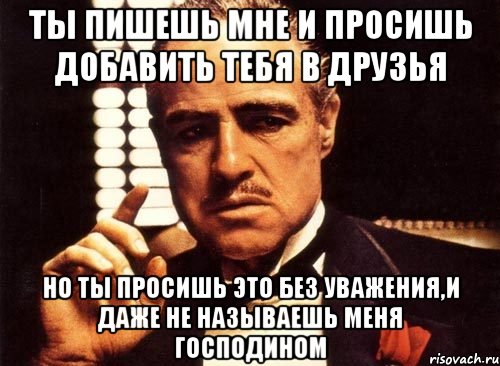 ты пишешь мне и просишь добавить тебя в друзья но ты просишь это без уважения,и даже не называешь меня господином, Мем крестный отец