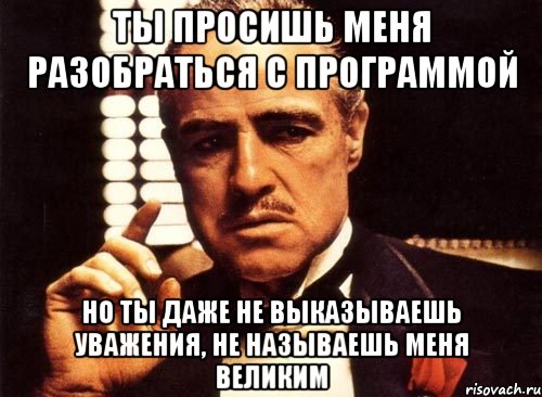 ты просишь меня разобраться с программой но ты даже не выказываешь уважения, не называешь меня великим, Мем крестный отец