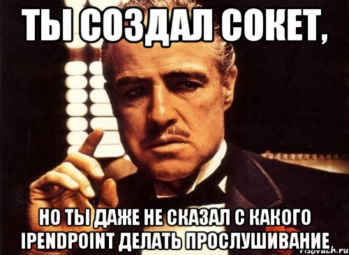 ты создал сокет, но ты даже не сказал с какого ipendpoint делать прослушивание, Мем крестный отец