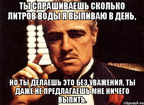 ты спрашиваешь сколько литров воды я выпиваю в день, но ты делаешь это без уважения, ты даже не предлагаешь мне ничего выпить., Мем крестный отец