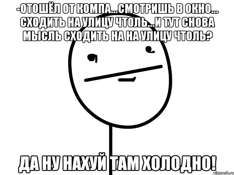 -отошёл от компа...смотришь в окно... сходить на улицу чтоль...и тут снова мысль сходить на на улицу чтоль? да ну нахуй там холодно!, Мем Покерфэйс