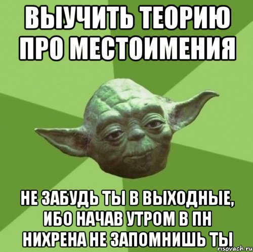 выучить теорию про местоимения не забудь ты в выходные, ибо начав утром в пн нихрена не запомнишь ты