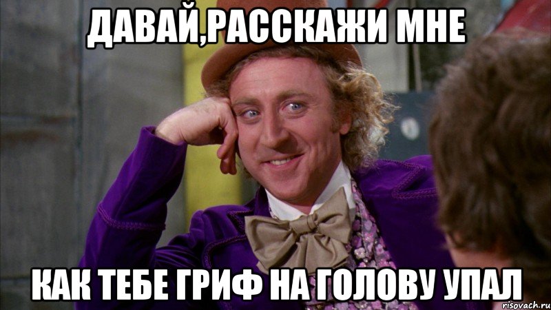 давай,расскажи мне как тебе гриф на голову упал, Мем Ну давай расскажи (Вилли Вонка)