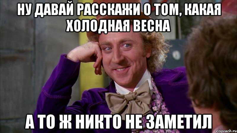 ну давай расскажи о том, какая холодная весна а то ж никто не заметил, Мем Ну давай расскажи (Вилли Вонка)