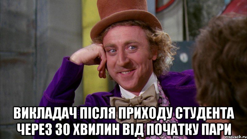  викладач після приходу студента через 30 хвилин від початку пари, Мем Ну давай расскажи (Вилли Вонка)