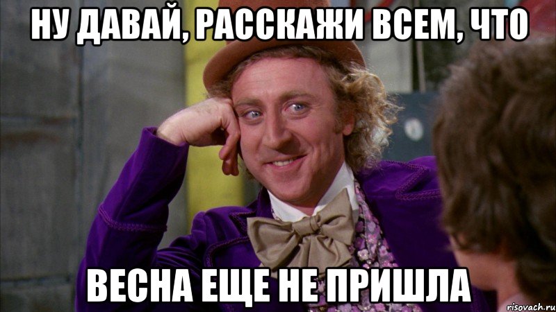 ну давай, расскажи всем, что весна еще не пришла, Мем Ну давай расскажи (Вилли Вонка)