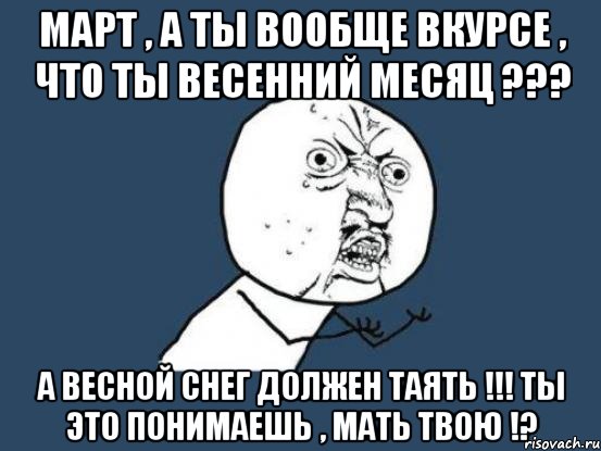 март , а ты вообще вкурсе , что ты весенний месяц ??? а весной снег должен таять !!! ты это понимаешь , мать твою !?, Мем Ну почему