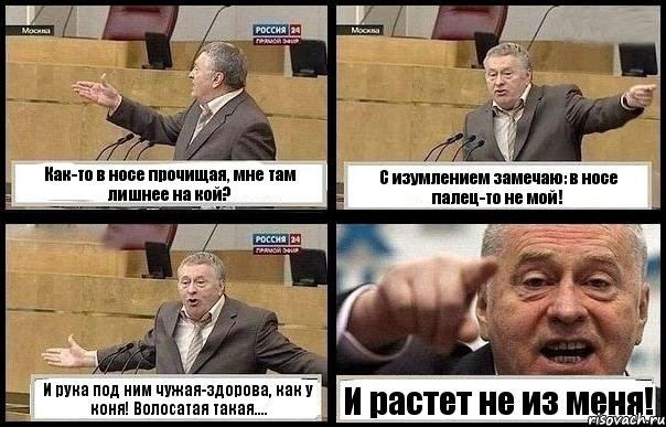 Как-то в носе прочищая, мне там лишнее на кой? С изумлением замечаю: в носе палец-то не мой! И рука под ним чужая-здорова, как у коня! Волосатая такая.... И растет не из меня!, Комикс с Жириновским