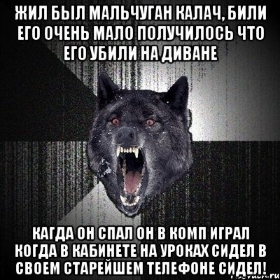 жил был мальчуган калач, били его очень мало получилось что его убили на диване кагда он спал он в комп играл когда в кабинете на уроках сидел в своем старейшем телефоне сидел!, Мем Сумасшедший волк