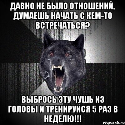 давно не было отношений, думаешь начать с кем-то встречаться? выбрось эту чушь из головы и тренируйся 5 раз в неделю!!!, Мем Сумасшедший волк