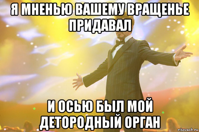 я мненью вашему вращенье придавал и осью был мой детородный орган, Мем Тони Старк (Роберт Дауни младший)