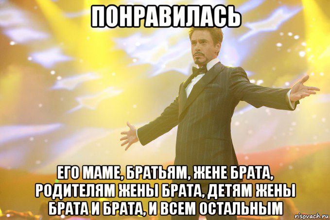 понравилась его маме, братьям, жене брата, родителям жены брата, детям жены брата и брата, и всем остальным, Мем Тони Старк (Роберт Дауни младший)