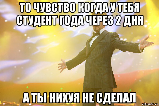 то чувство когда у тебя студент года через 2 дня а ты нихуя не сделал, Мем Тони Старк (Роберт Дауни младший)