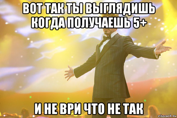 вот так ты выглядишь когда получаешь 5+ и не ври что не так, Мем Тони Старк (Роберт Дауни младший)