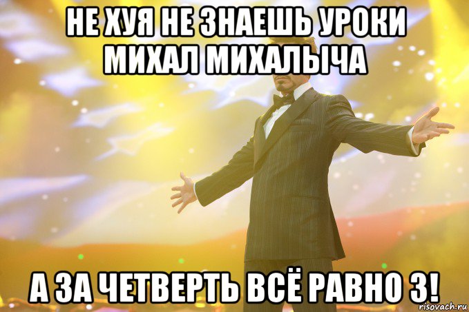 не хуя не знаешь уроки михал михалыча а за четверть всё равно 3!, Мем Тони Старк (Роберт Дауни младший)