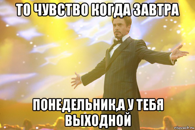 то чувство когда завтра понедельник,а у тебя выходной, Мем Тони Старк (Роберт Дауни младший)